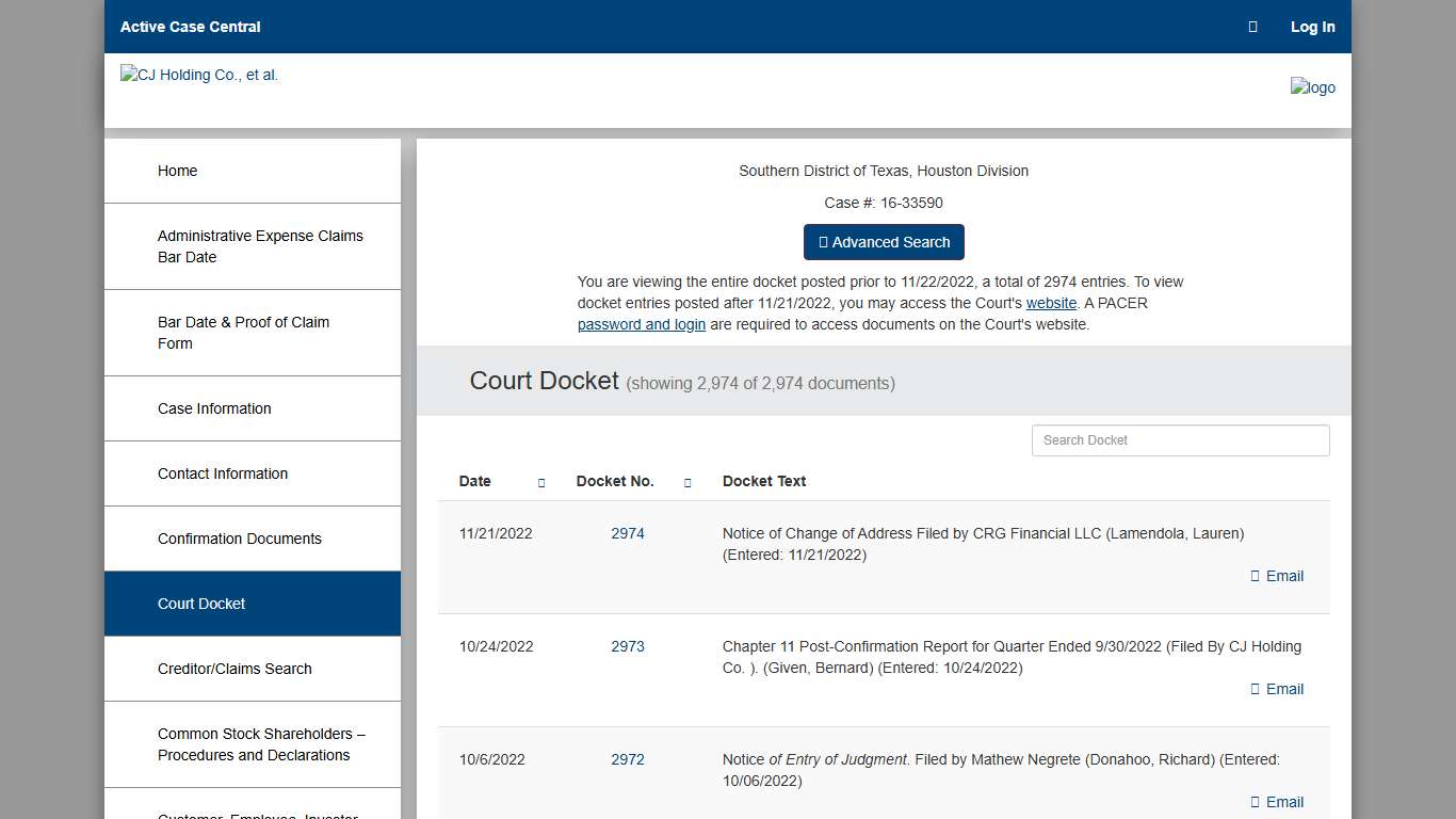 Court Docket - CJ Holding Co.
